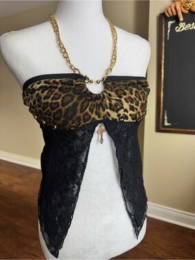Y2K Leopard Lace Gold Chain Halter Top XS